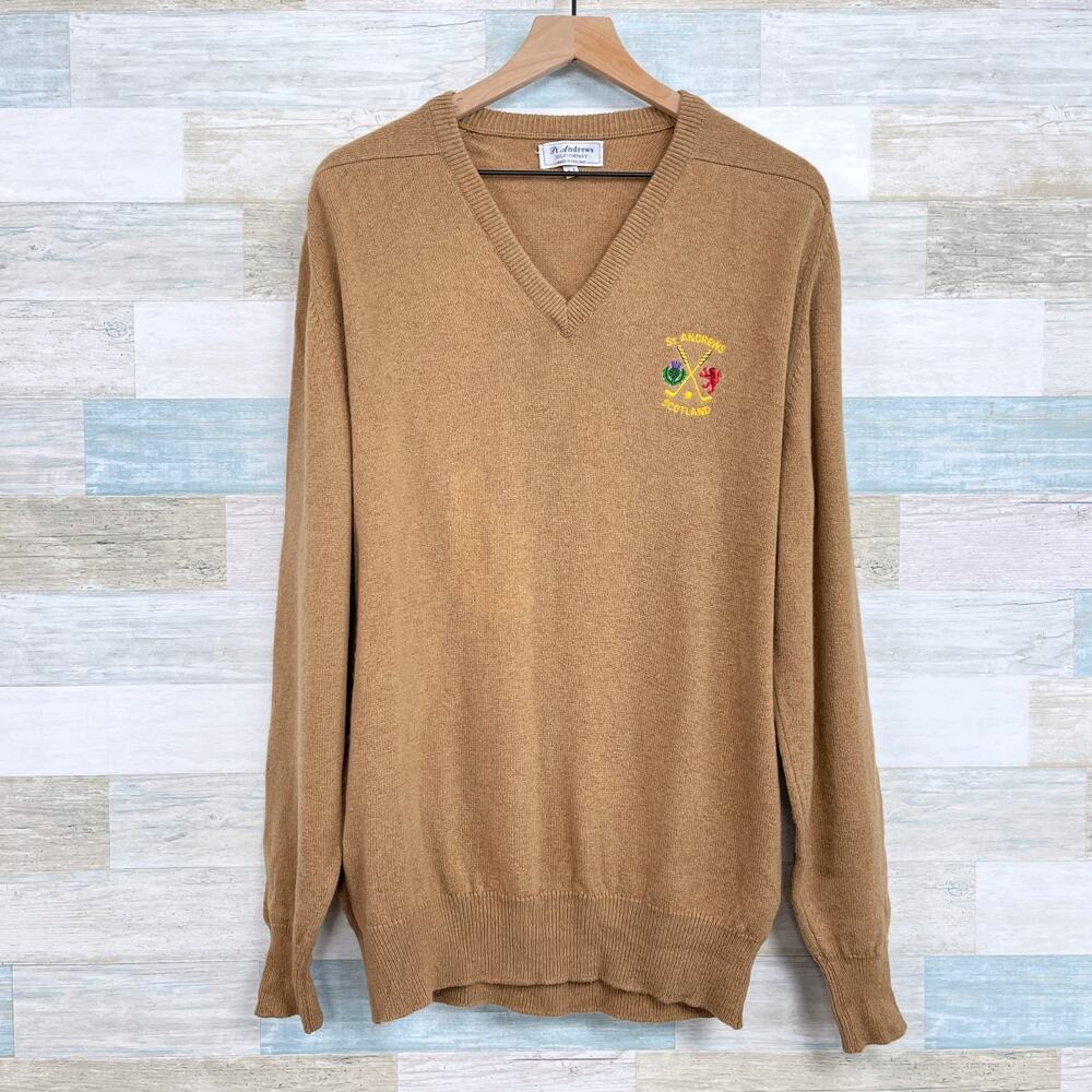 St Andrews Golf Company Scotland Vintage V Neck Sweater Tan England Mens 44 L
